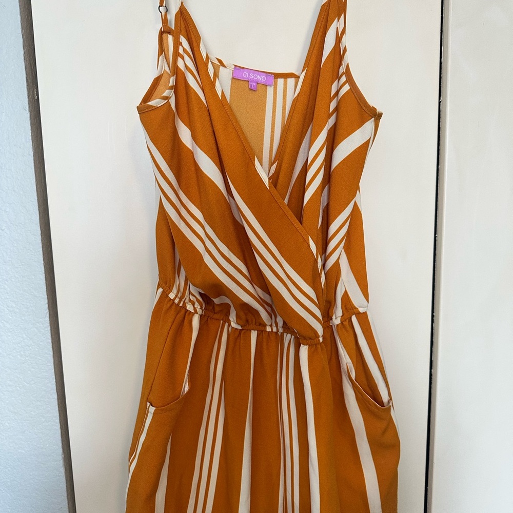 Ci Sono women’s yellow mustard and White Striped Jumpsuit size L